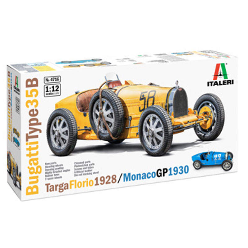 1/12 Bugatti Type 35B Targa Florio ’29 / Monaco GP ’30 model kit by Italeri 4716 – highly detailed classic racing car scale model.