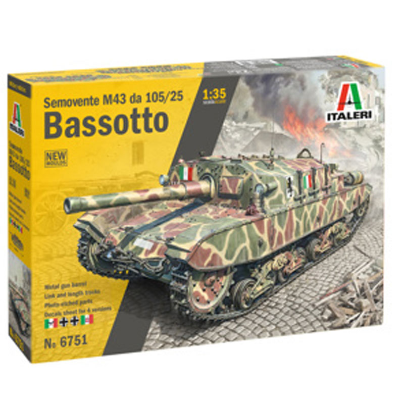 1/35 Semovente M43 da 105/25 Bassotto model kit by Italeri 6751 – highly detailed WWII Italian self-propelled gun scale model.